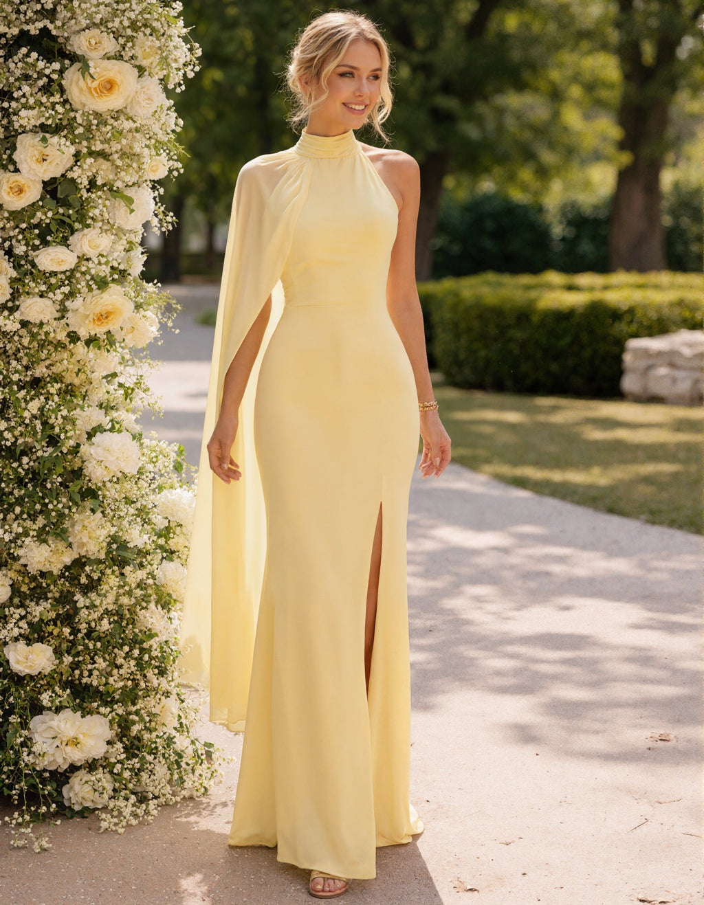 Abito lungo giallo limone con maniche a scialle in chiffon