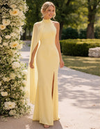 Abito lungo giallo limone con maniche a scialle in chiffon