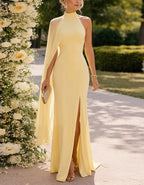Abito lungo giallo limone con maniche a scialle in chiffon