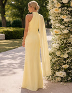 Abito lungo giallo limone con maniche a scialle in chiffon
