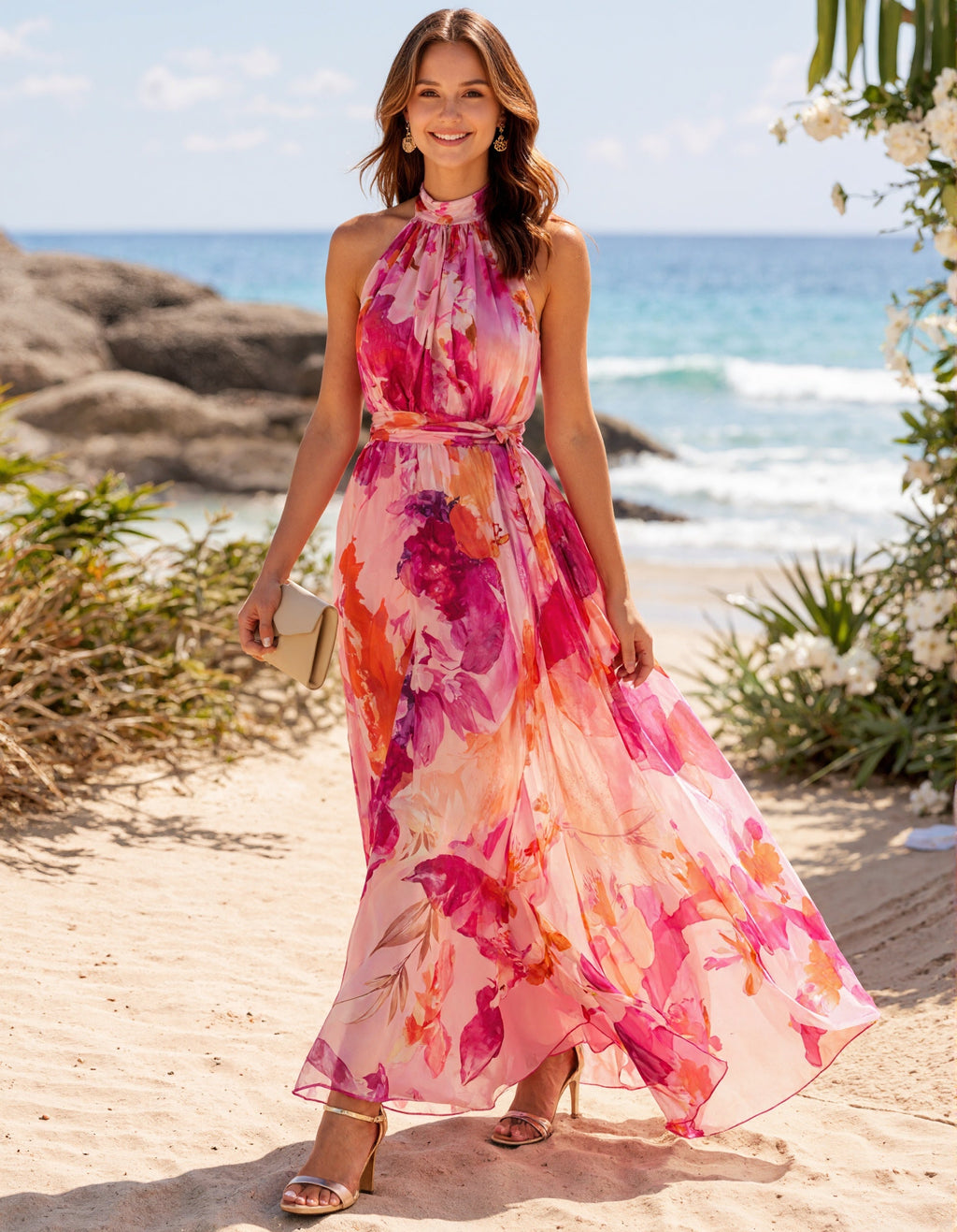 Robe longue en mousseline à imprimé floral aquarelle rose
