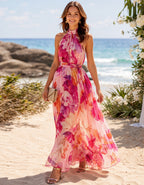 Robe longue en mousseline à imprimé floral aquarelle rose