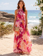 Robe longue en mousseline à imprimé floral aquarelle rose