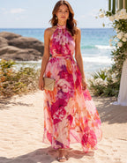 Robe longue en mousseline à imprimé floral aquarelle rose