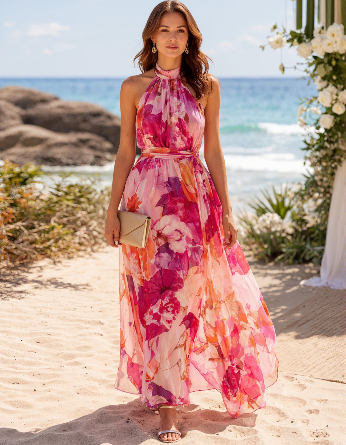 Robe longue en mousseline à imprimé floral aquarelle rose