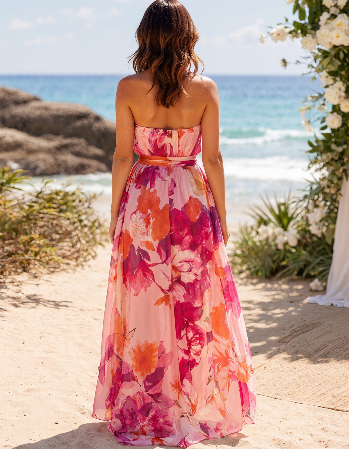 Robe longue en mousseline à imprimé floral aquarelle rose