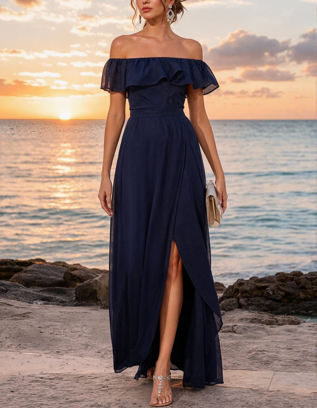 Navy Blue Chiffon Strapless Maxi Dress