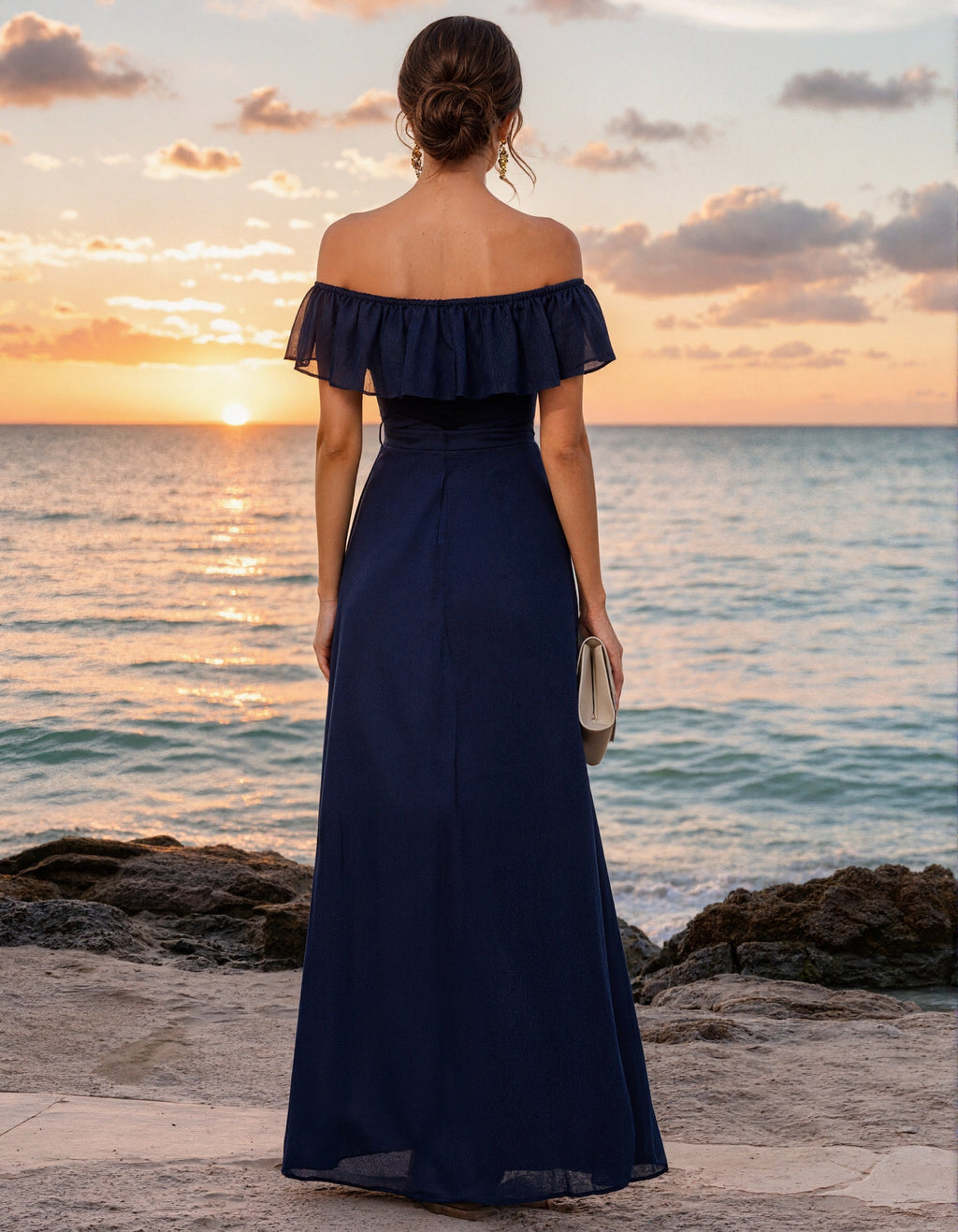 Navy Blue Chiffon Strapless Maxi Dress