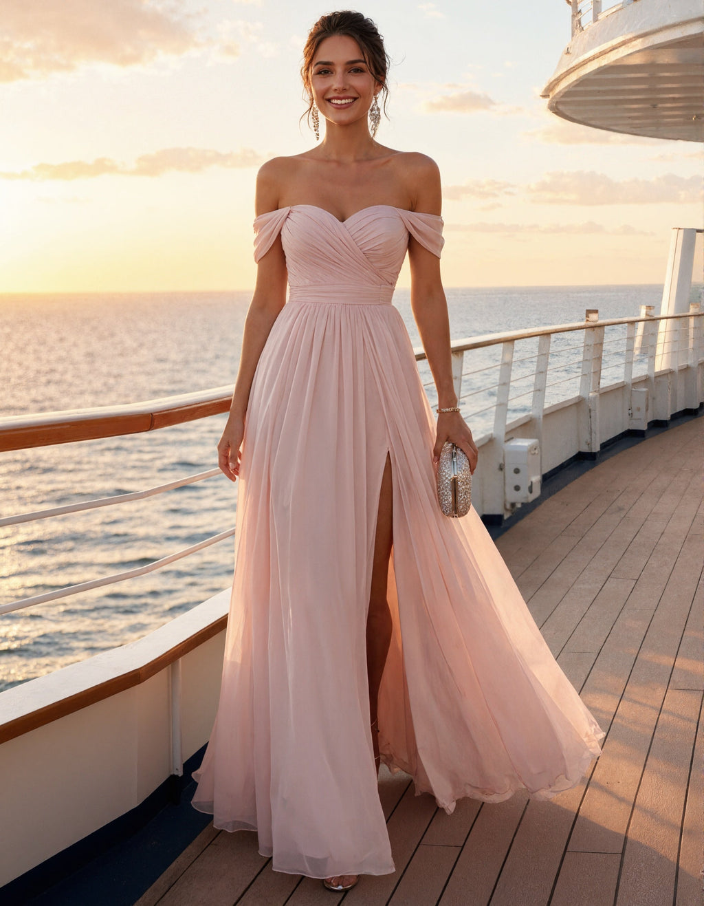 Pink Chiffon Off Shoulder Maxi Dress