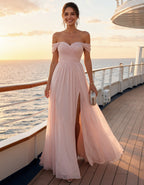 Pink Chiffon Off Shoulder Maxi Dress