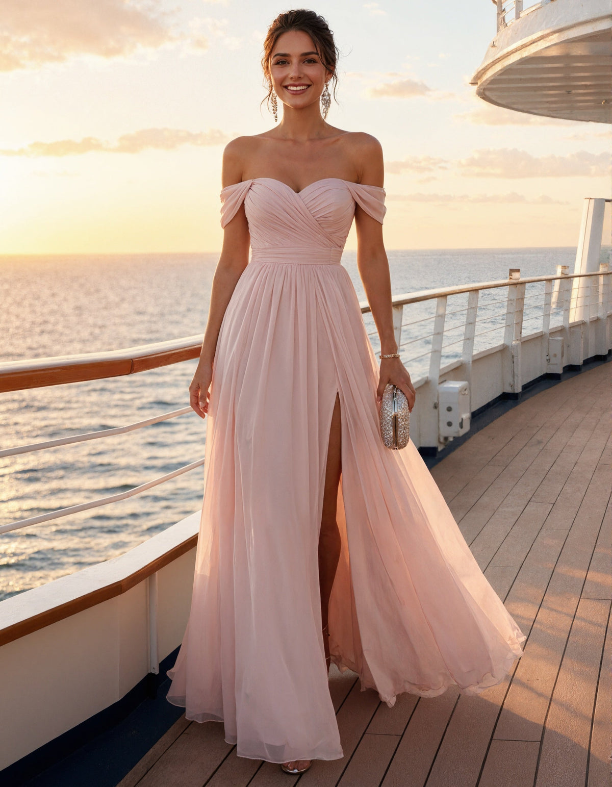 Pink Chiffon Off Shoulder Maxi Dress