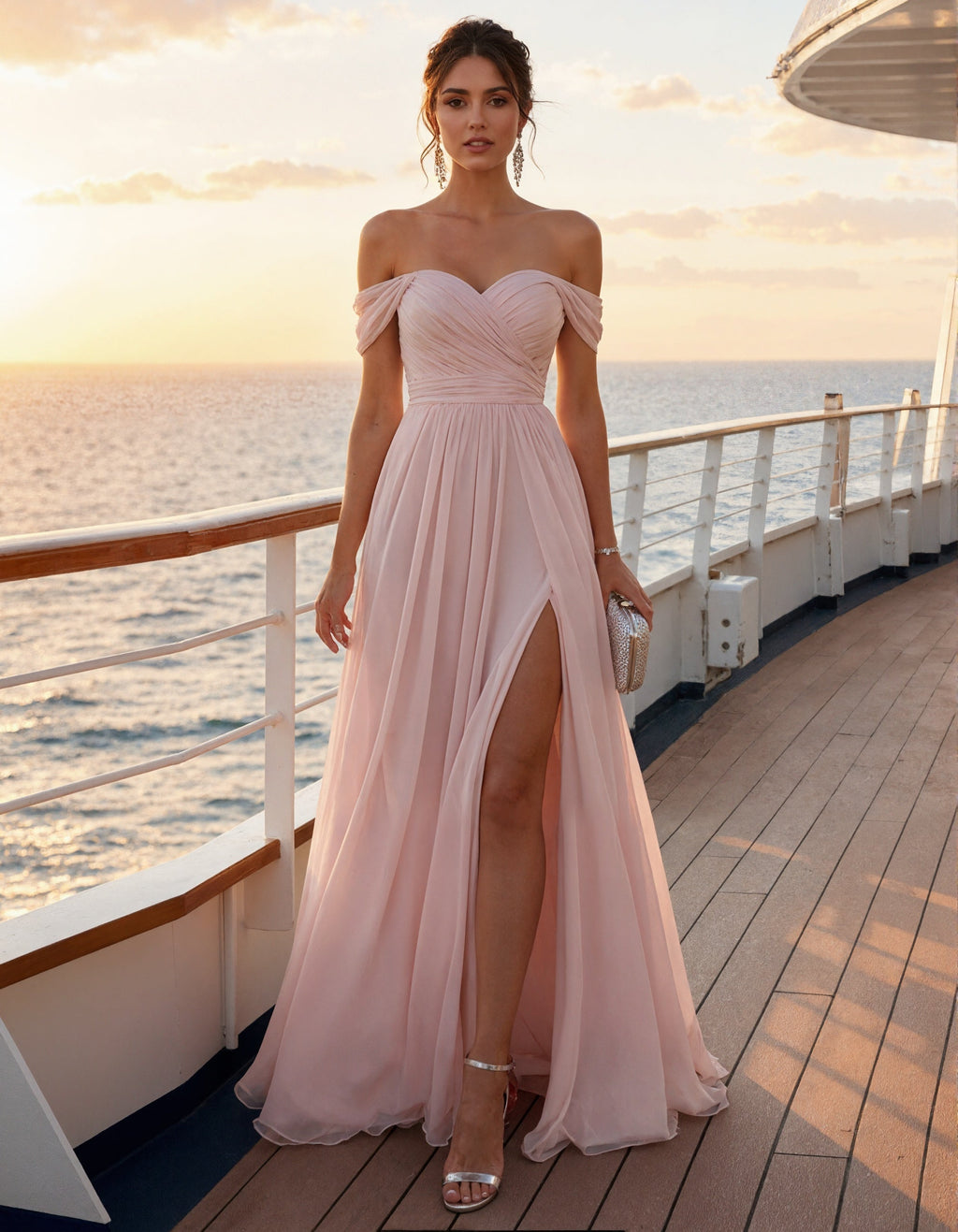 Pink Chiffon Off Shoulder Maxi Dress