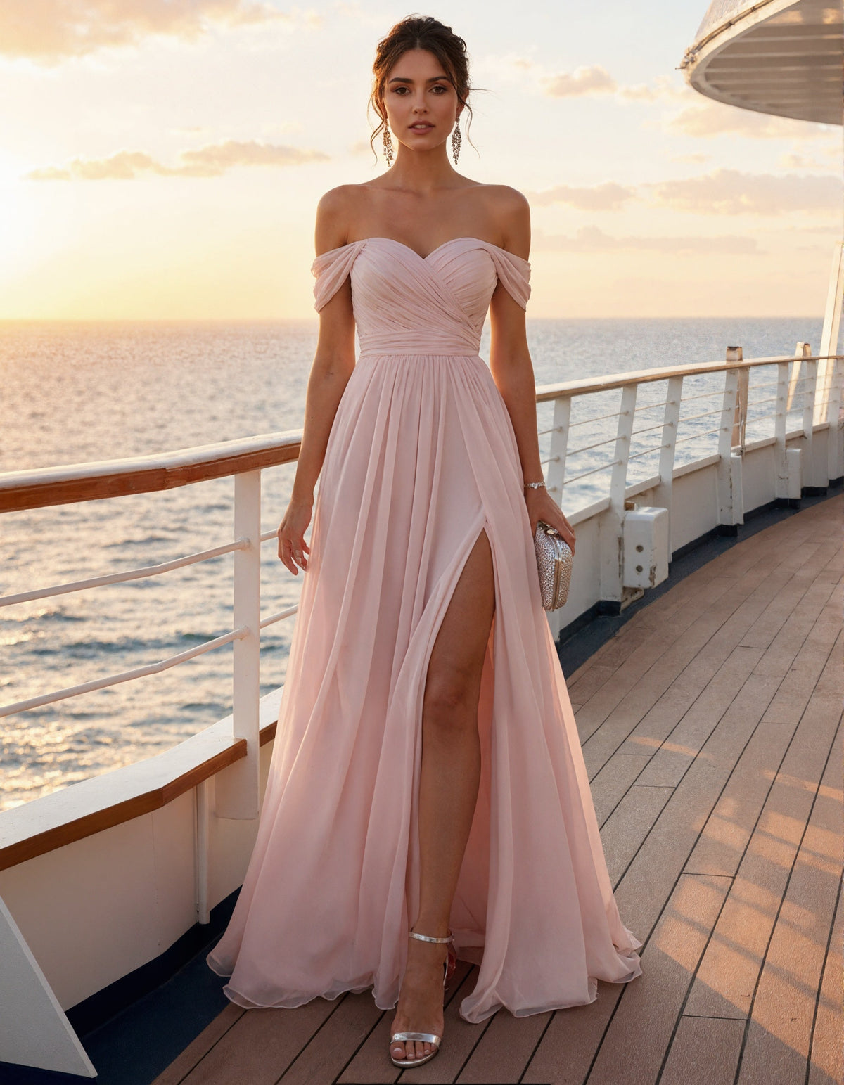 Pink Chiffon Off Shoulder Maxi Dress