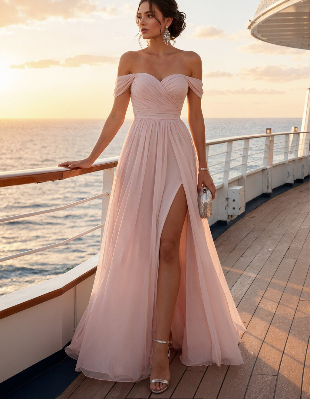 Pink Chiffon Off Shoulder Maxi Dress