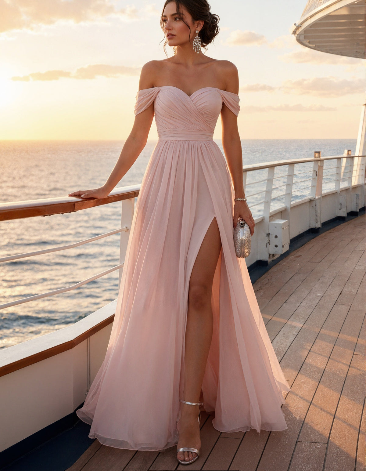 Pink Chiffon Off Shoulder Maxi Dress
