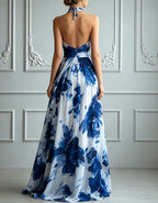 Blue And White Floral Print Chiffon Maxi Dress