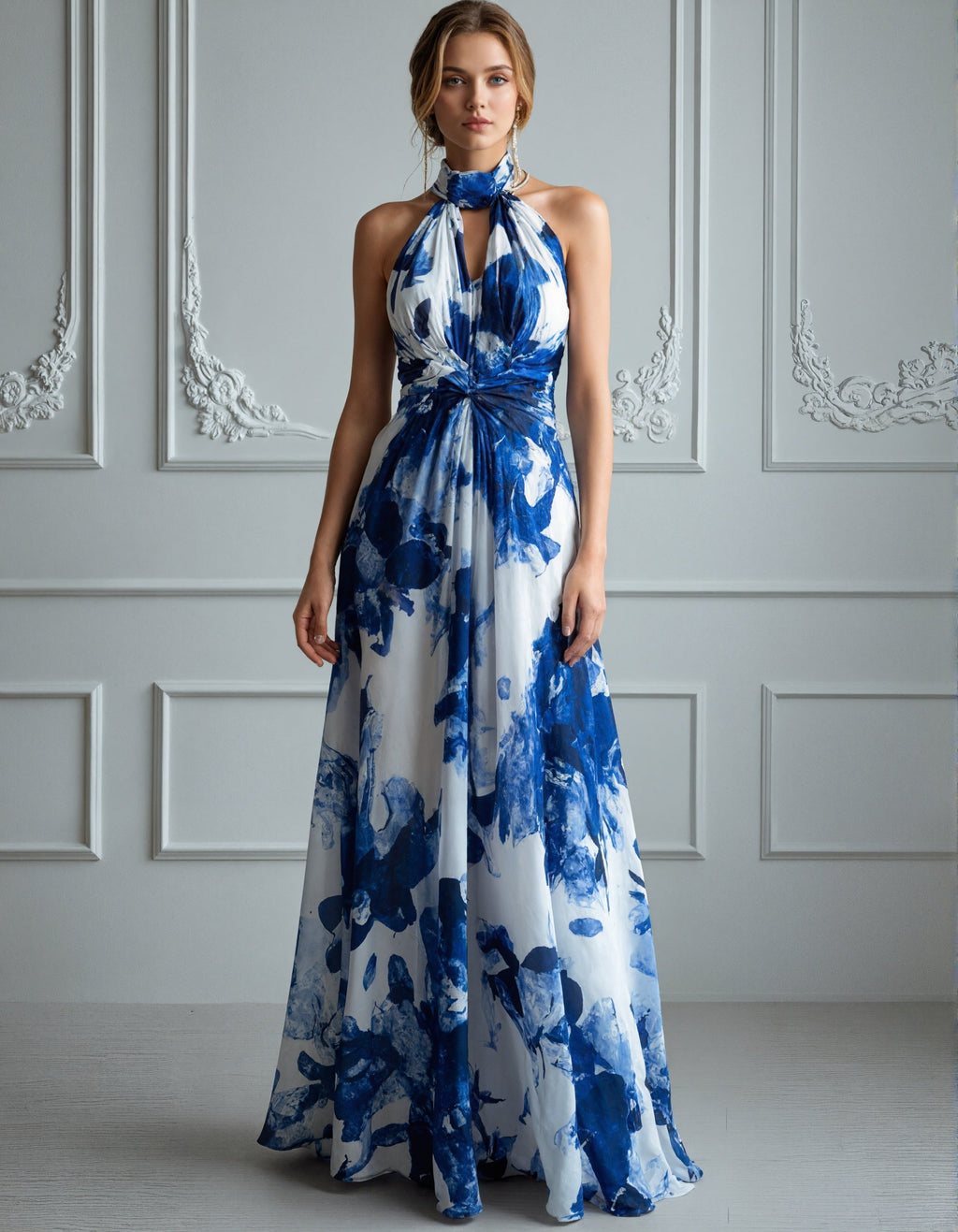 Robe longue en mousseline à imprimé floral bleu et blanc