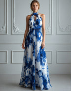 Robe longue en mousseline à imprimé floral bleu et blanc