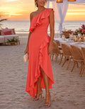 Robe midi asymétrique fendue à volants et une épaule dénudée orange