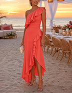 Robe midi asymétrique fendue à volants et une épaule dénudée orange