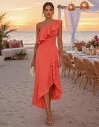 Robe midi asymétrique fendue à volants et une épaule dénudée orange