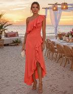 Robe midi asymétrique fendue à volants et une épaule dénudée orange