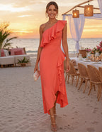 Robe midi asymétrique fendue à volants et une épaule dénudée orange