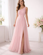 Pink Chiffon One Shoulder Maxi Dress