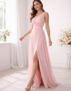 Pink Chiffon One Shoulder Maxi Dress
