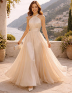 Beige Chiffon Backless Halter Neck Maxi Dress