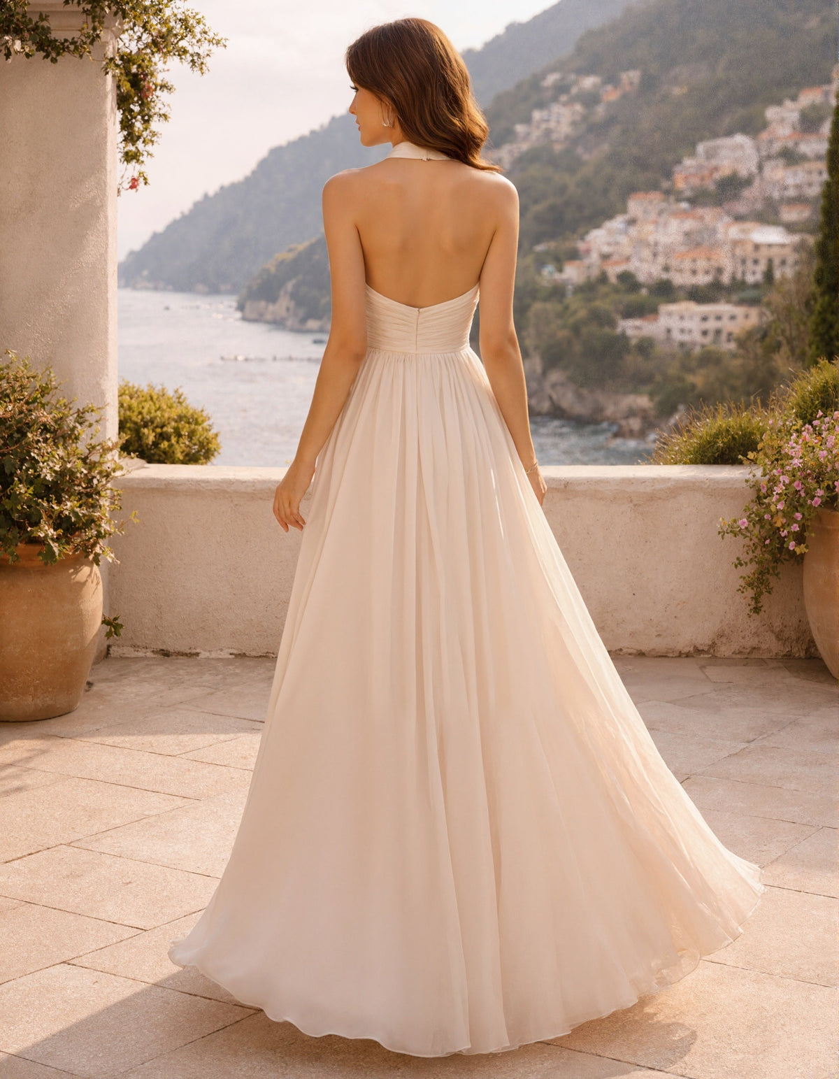 Beige Chiffon Backless Halter Neck Maxi Dress