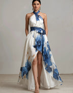 Robe longue à encolure américaine imprimé floral à l'encre bleu et blanc