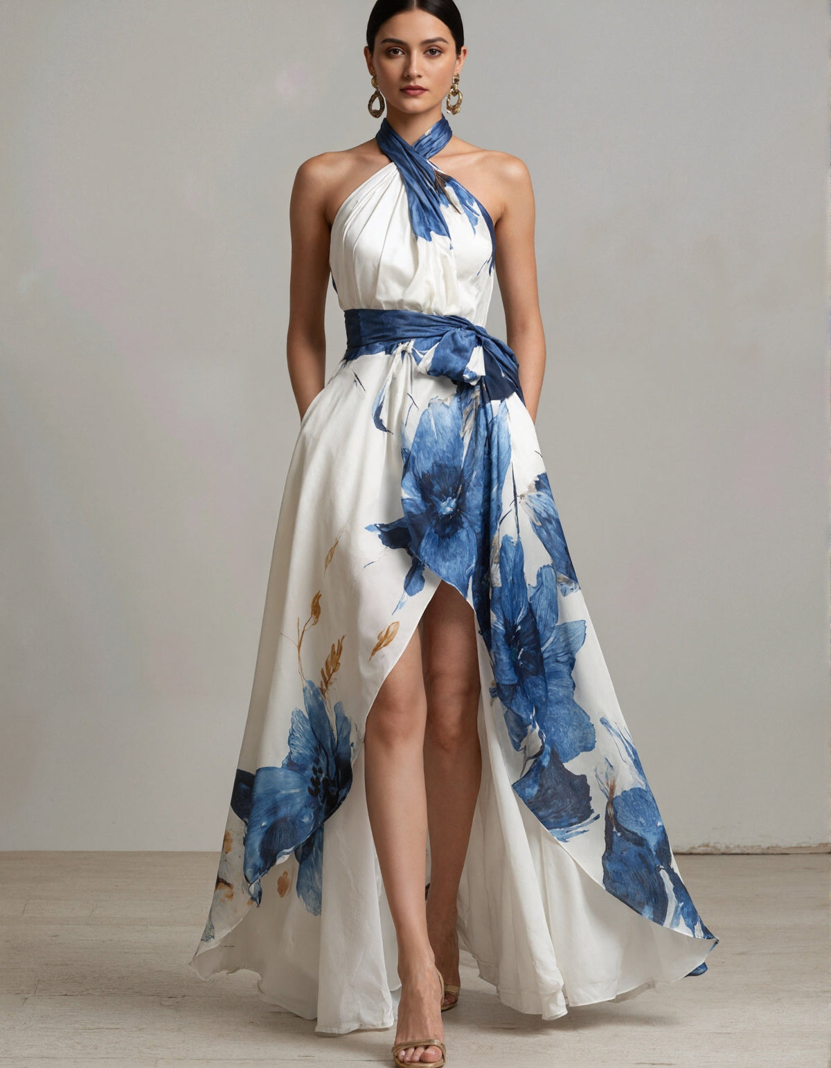 Robe longue à encolure américaine imprimé floral à l'encre bleu et blanc