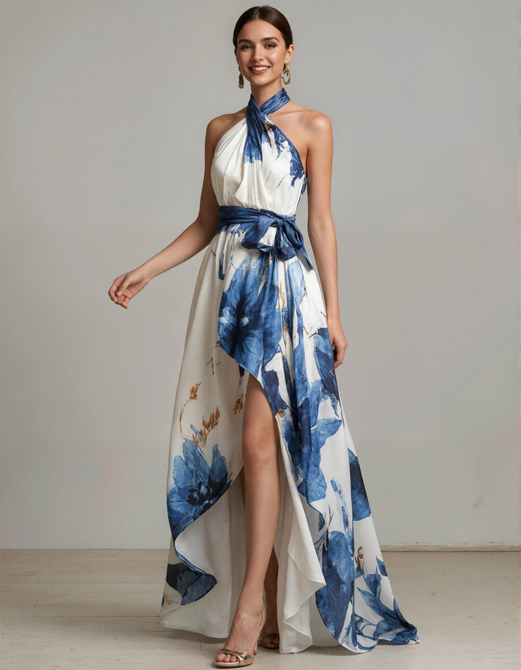 Robe longue à encolure américaine imprimé floral à l'encre bleu et blanc