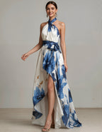 Robe longue à encolure américaine imprimé floral à l'encre bleu et blanc