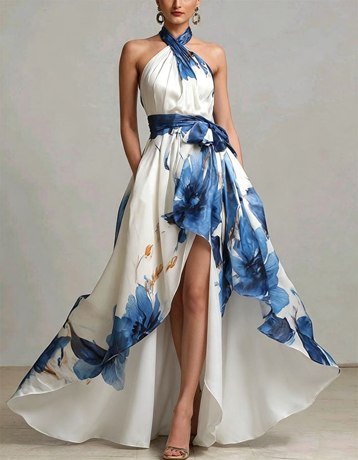 Robe longue à encolure américaine imprimé floral à l'encre bleu et blanc