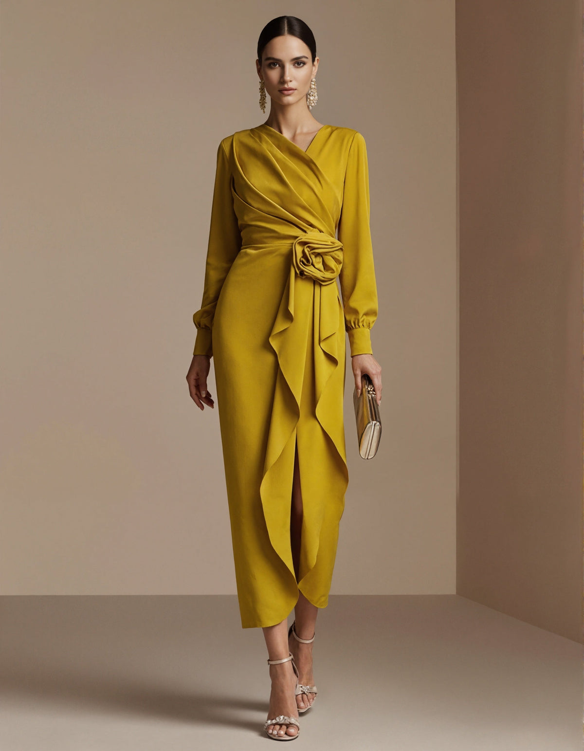 Robe longue jaune moutarde à col en V et fleurs en 3D