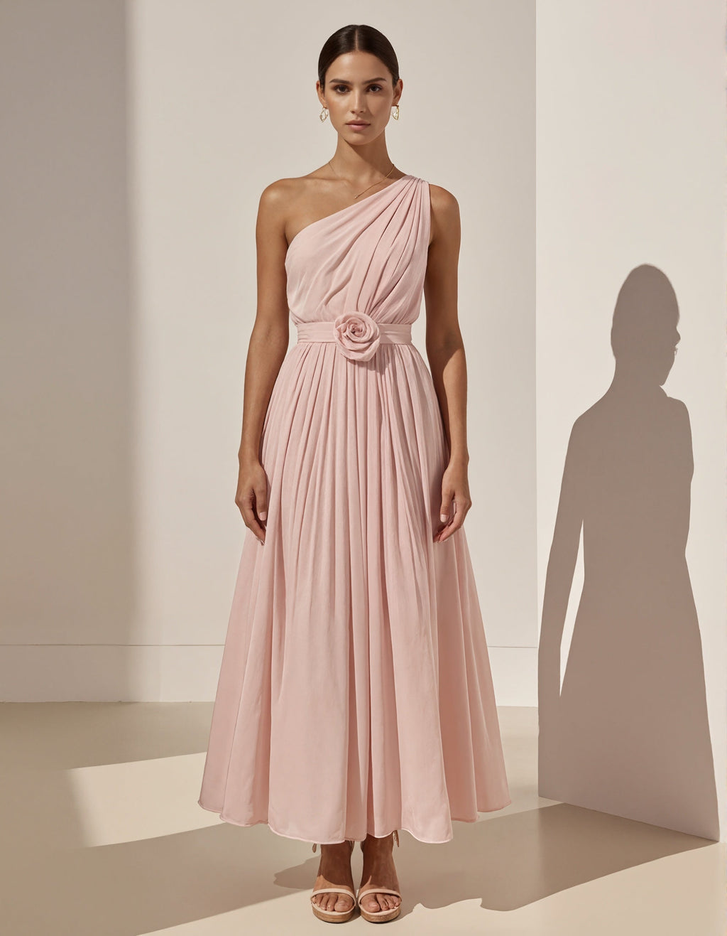 Pink One Shoulder Chiffon 3D Flower Maxi Dress