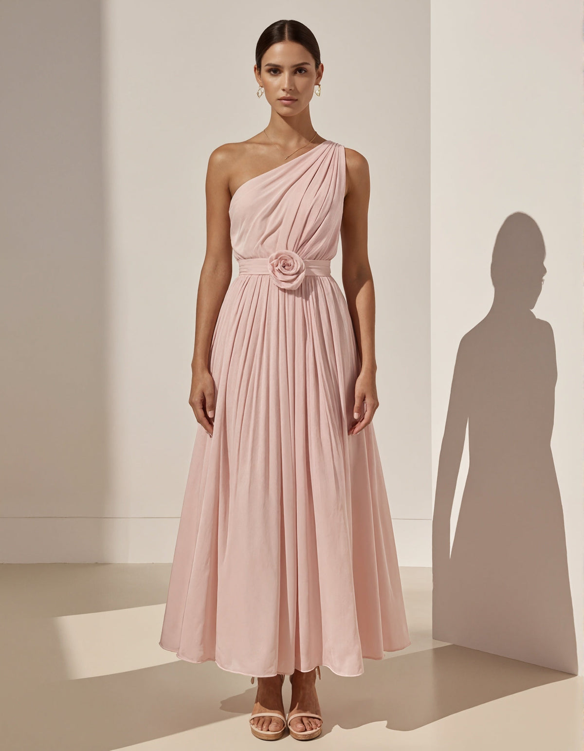Pink One Shoulder Chiffon 3D Flower Maxi Dress