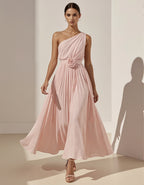 Pink One Shoulder Chiffon 3D Flower Maxi Dress