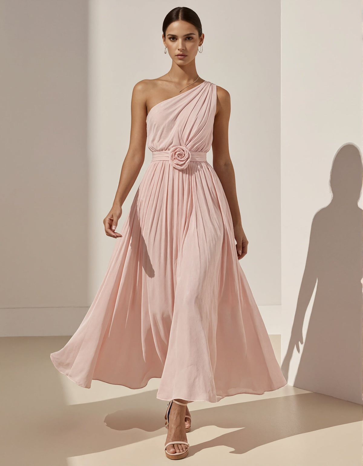 Pink One Shoulder Chiffon 3D Flower Maxi Dress