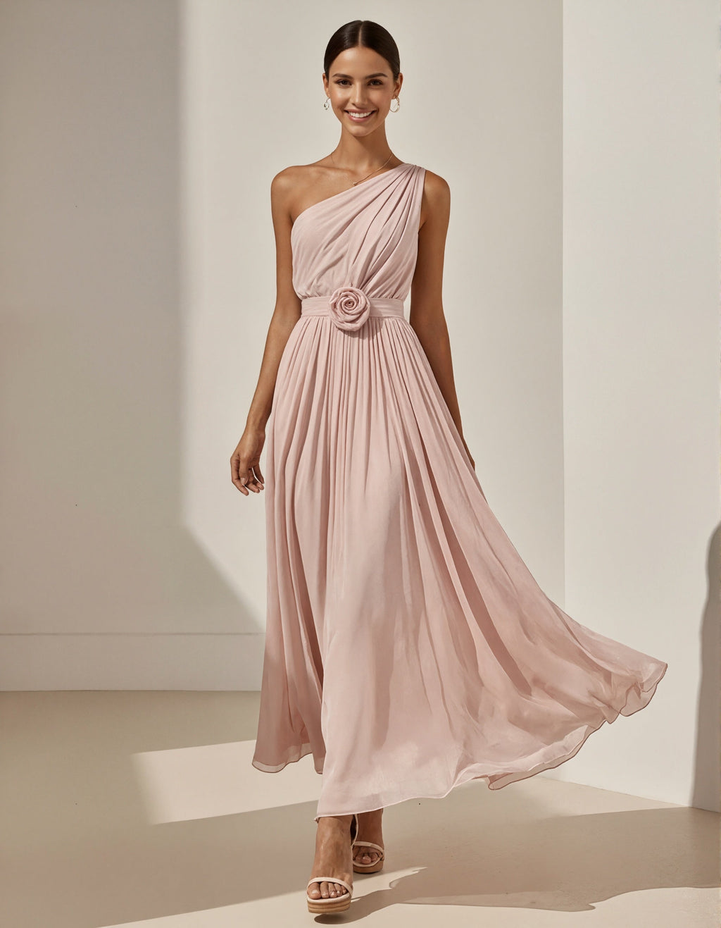 Pink One Shoulder Chiffon 3D Flower Maxi Dress