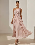 Pink One Shoulder Chiffon 3D Flower Maxi Dress