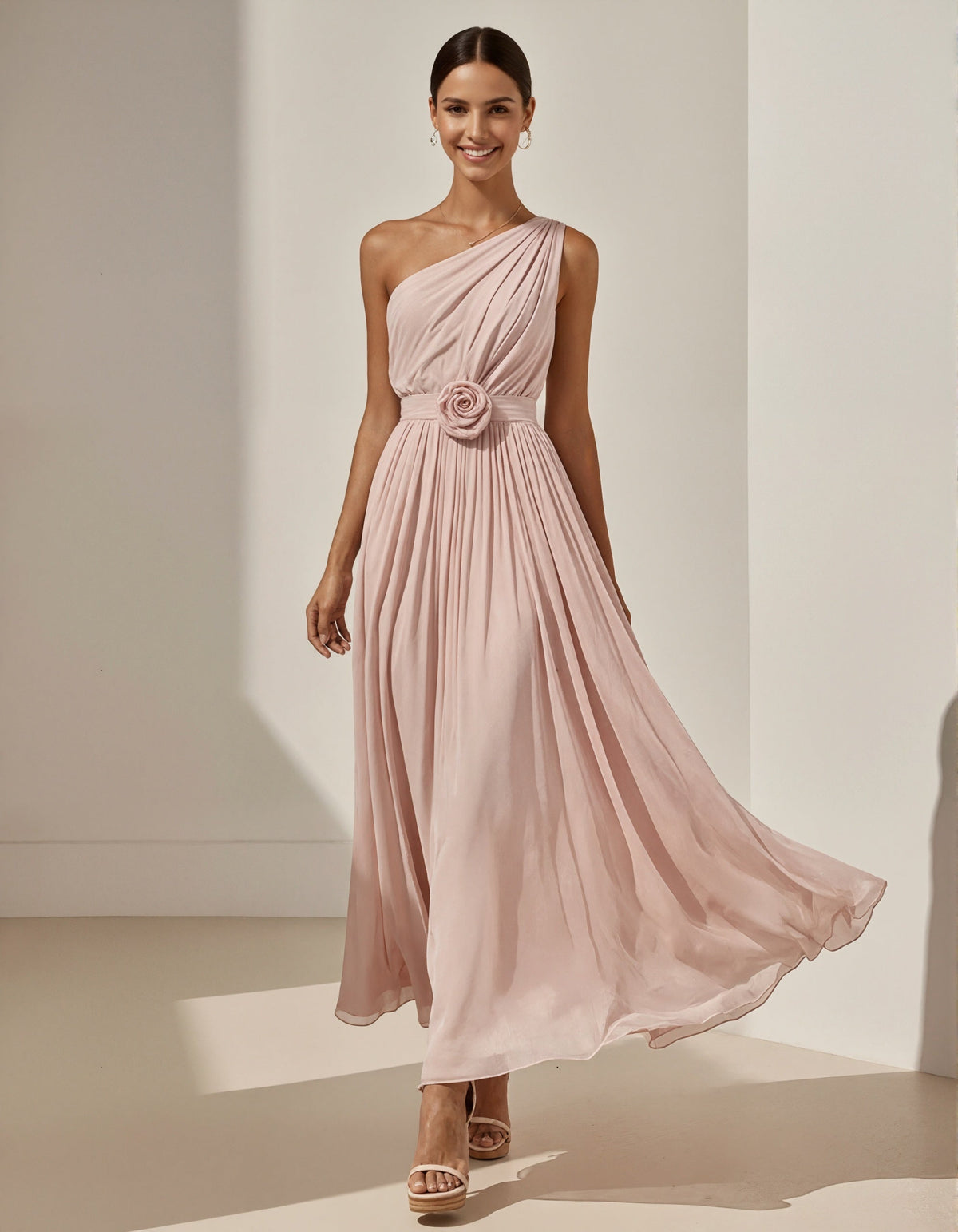 Pink One Shoulder Chiffon 3D Flower Maxi Dress