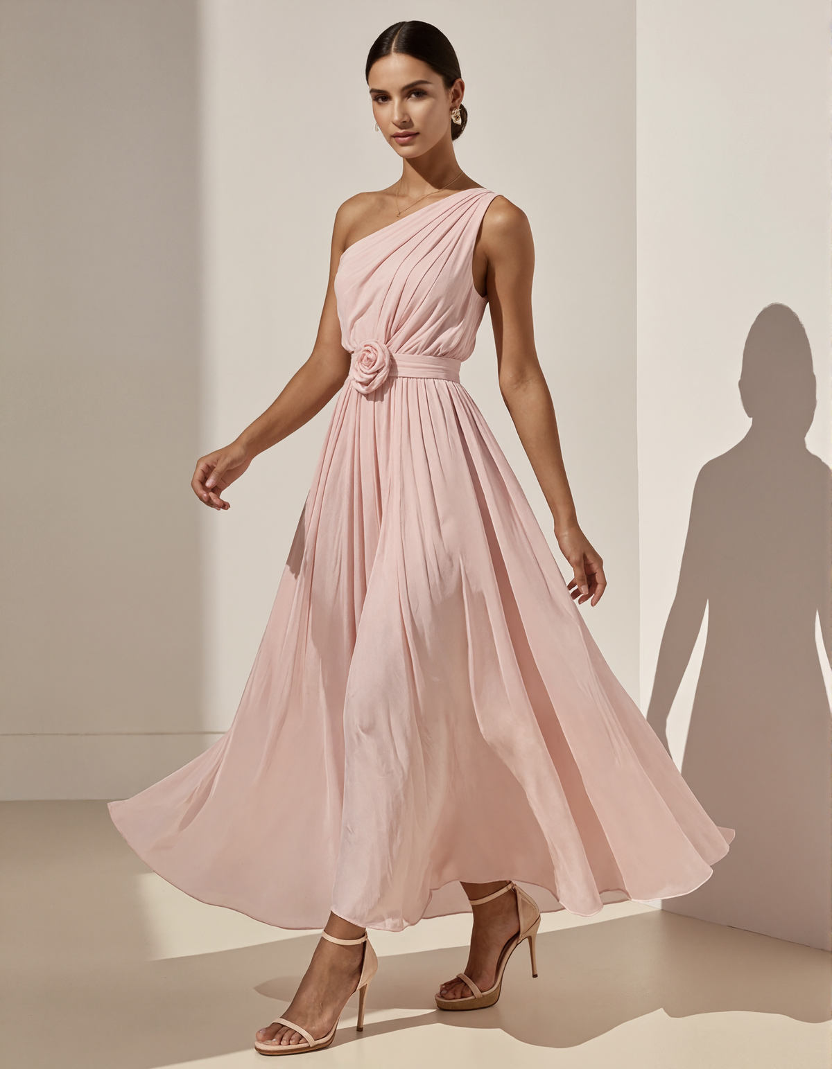 Pink One Shoulder Chiffon 3D Flower Maxi Dress