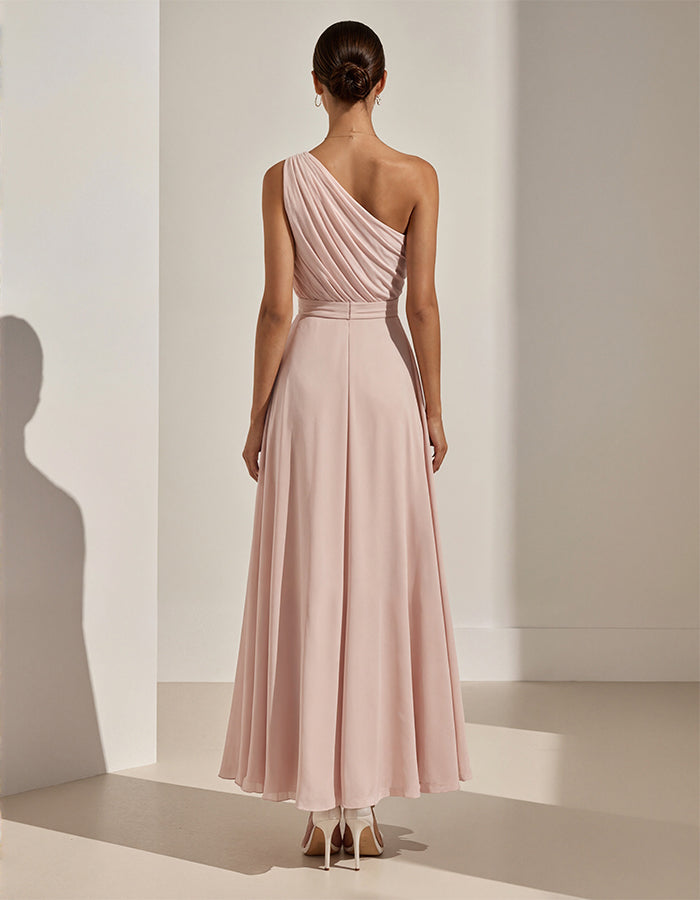 Pink One Shoulder Chiffon 3D Flower Maxi Dress