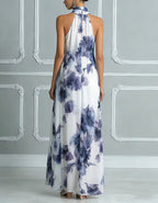 Purple Blue Ink Wash Print Halter Neck Chiffon Maxi Dress