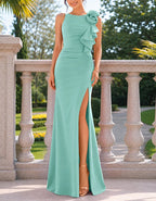 Mint Green Round Neck Sleeveless 3D Rose Ruffle Trim Maxi Dress