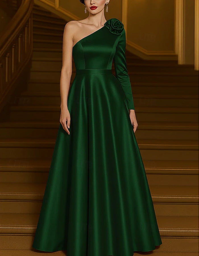 Solid Color Satin One Shoulder Long Sleeve 3d Flower Maxi Dress