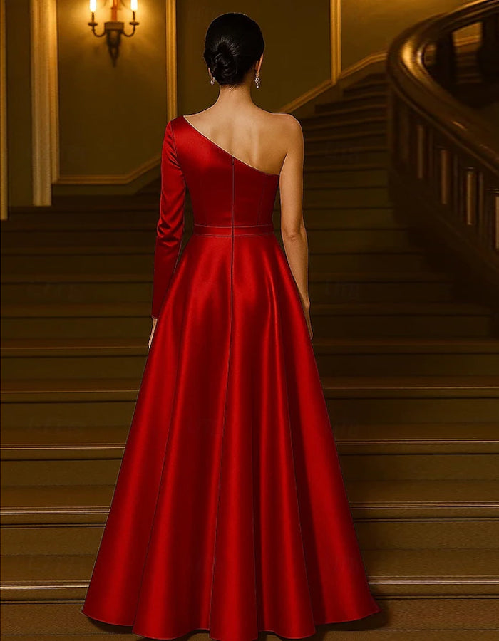 Solid Color Satin One Shoulder Long Sleeve 3d Flower Maxi Dress